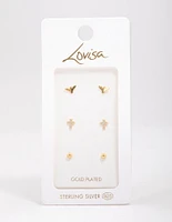 Gold Plated Sterling Silver Bird & Rose Stud Earring 3-Pack