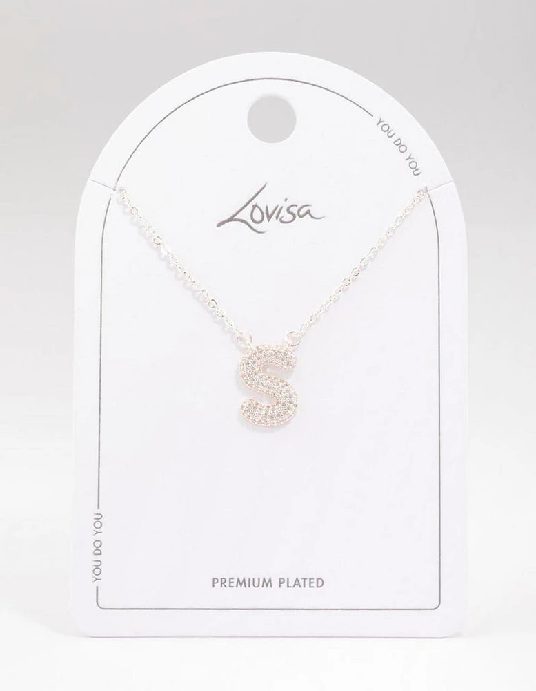 Letter S Silver Plated Pave Pendant Initial Necklace