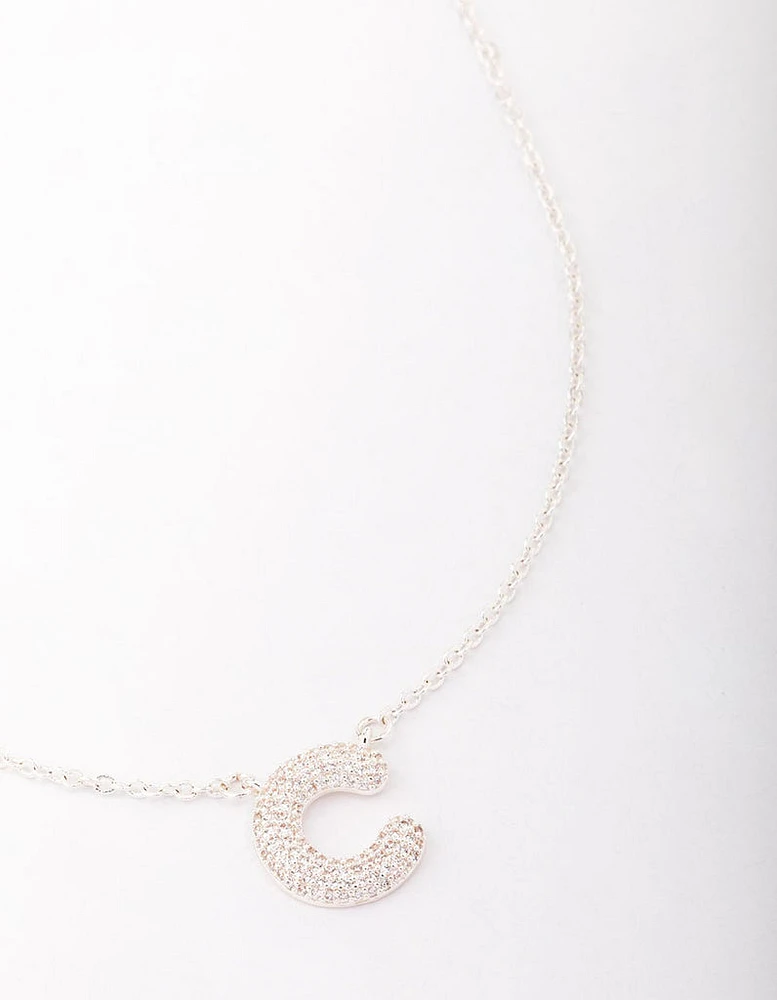 Letter C Silver Plated Pave Pendant Initial Necklace