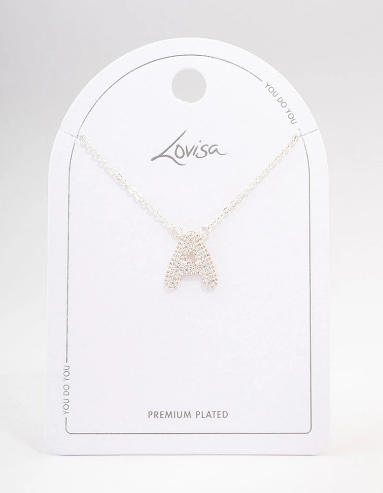 Letter A Silver Plated Pave Pendant Initial Necklace