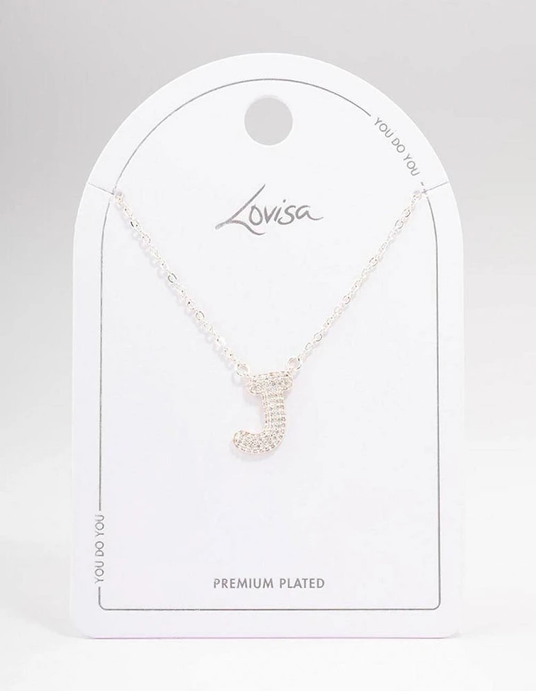 Letter J Silver Plated Pave Pendant Initial Necklace