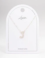 Letter J Silver Plated Pave Pendant Initial Necklace