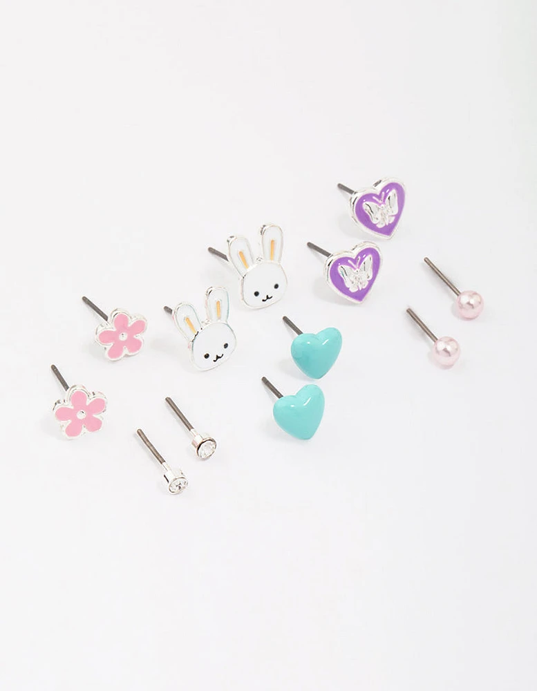 Kids Silver Easter Bunny & Heart Stud Earring 6-Pack