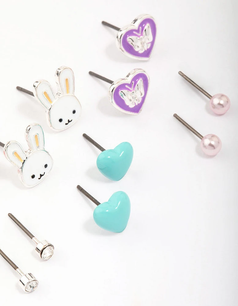 Kids Silver Easter Bunny & Heart Stud Earring 6-Pack