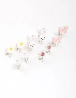 Kids Silver Bunny & Flower Clip On Earring 6-Pack