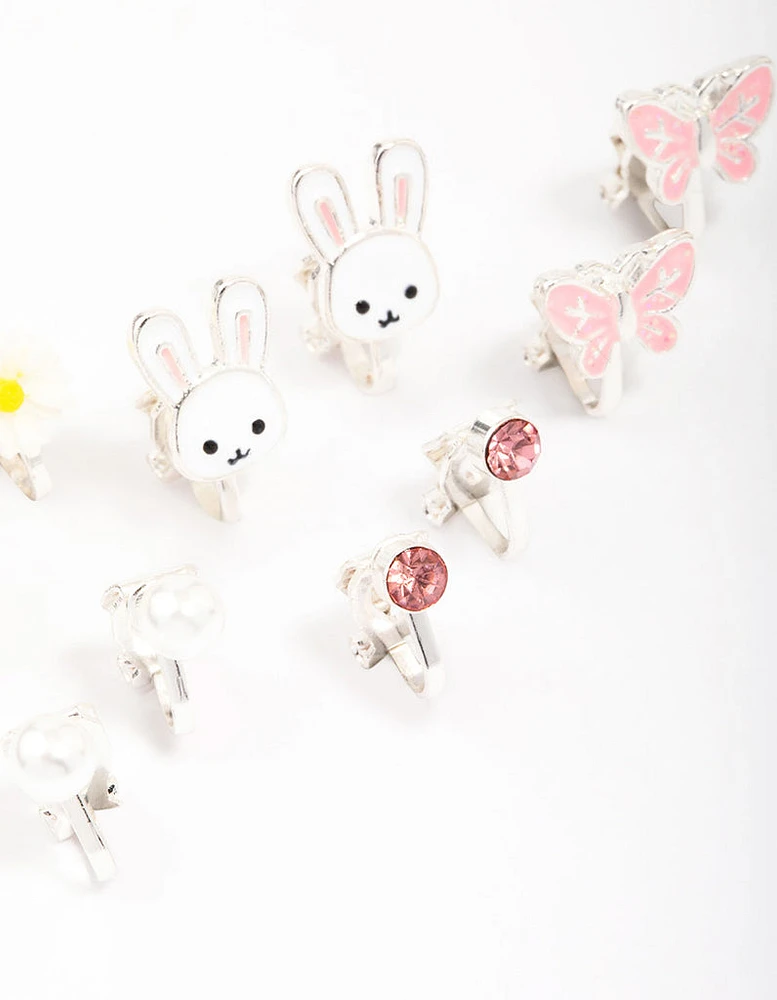 Kids Silver Bunny & Flower Clip On Earring 6-Pack