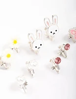 Kids Silver Bunny & Flower Clip On Earring 6-Pack