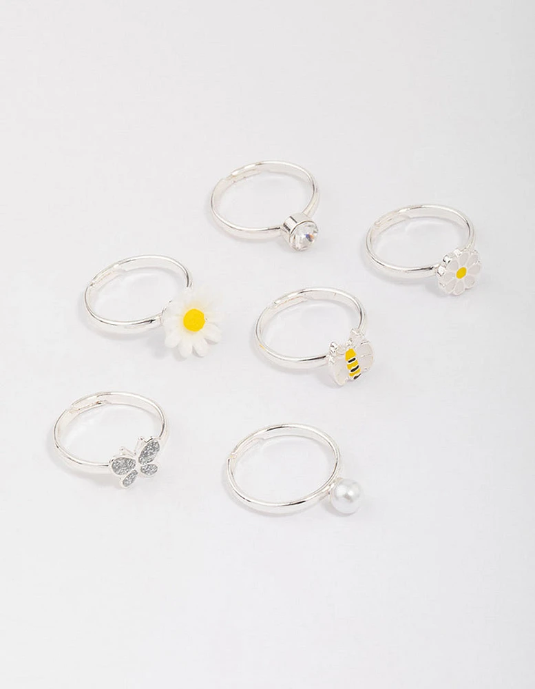 Kids Silver Daisy & Bumble Bee Ring 6-Pack