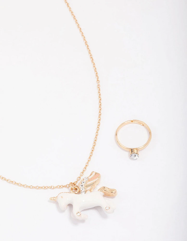 Kids Gold Unicorn Necklace & Ring Jewellery Set