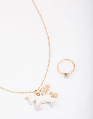 Kids Gold Unicorn Necklace & Ring Jewellery Set