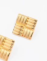 Gold Plated Stainless Steel Square Ribbed Stud Earrings