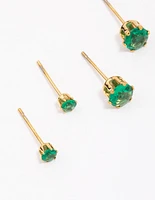 Gold Plated Stainless Steel Emerald Cubic Zirconia Stud Earring 3-Pack