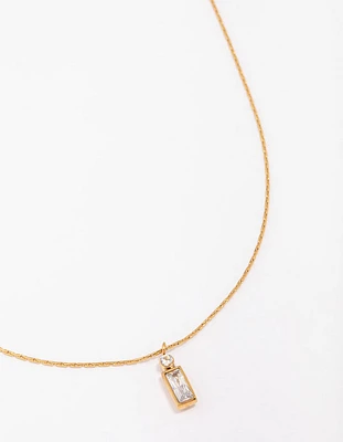 Gold Plated Stainless Steel Thin Baguette Round Cubic Zirconia Pendant Necklace