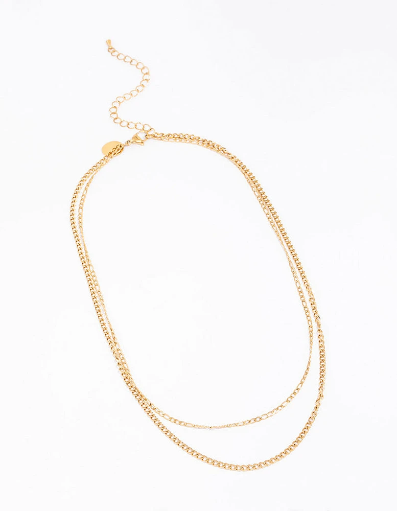 Gold Plated Stainless Steel Layered Curb & Figaro Necklace