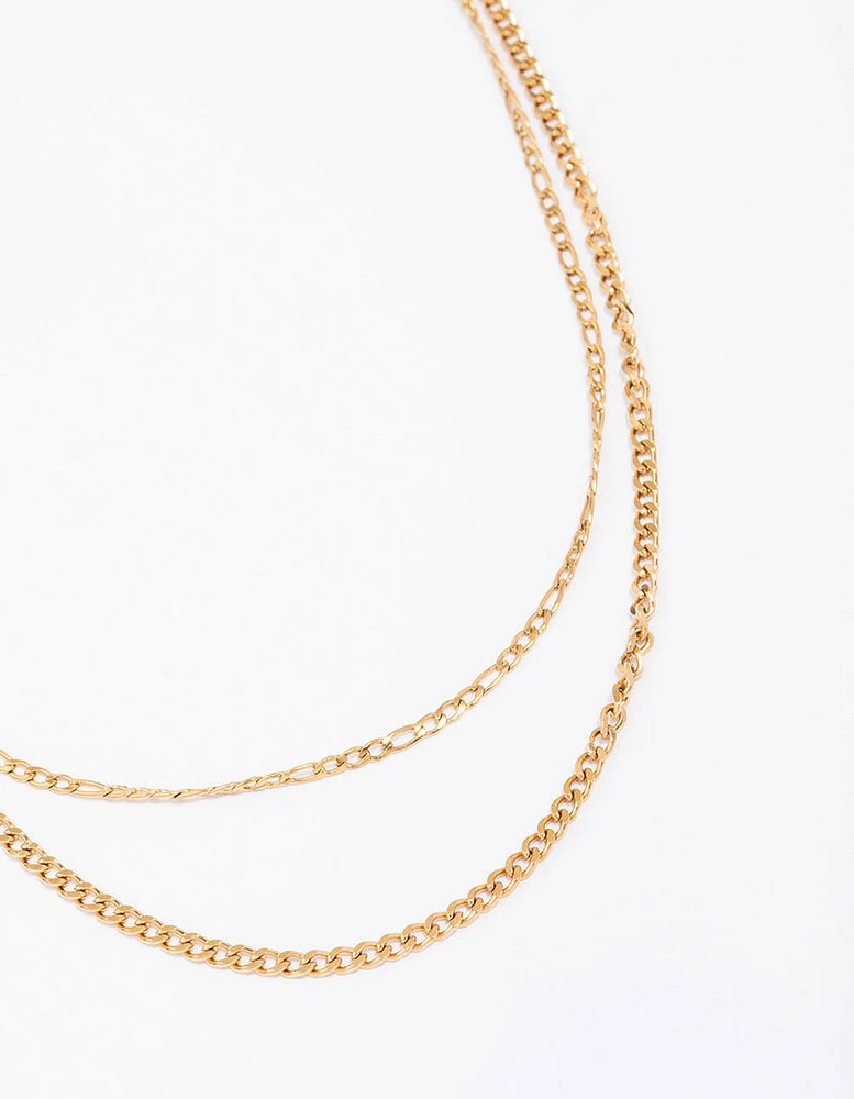 Waterproof Gold Plated Stainless Steel Layered Curb & Figaro Necklace