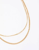 Waterproof Gold Plated Stainless Steel Layered Curb & Figaro Necklace