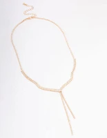 Gold Fine Ribbon Cubic Zirconia Lariat Necklace