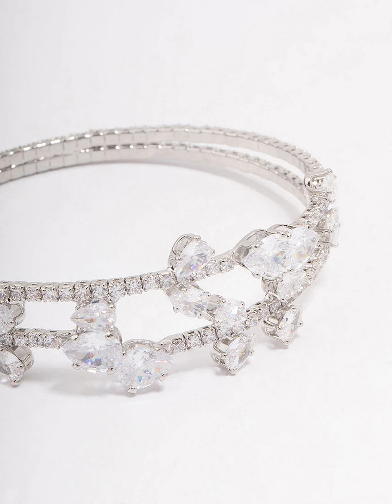 Rhodium Cubic Zirconia Leaf Layered Bangle