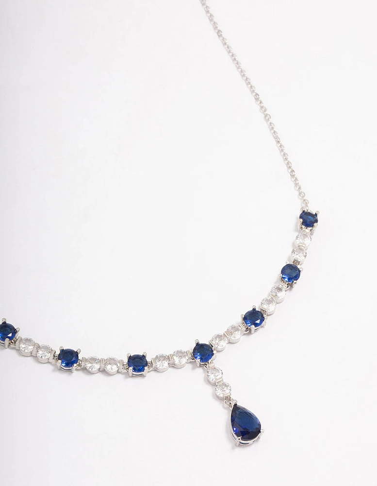 Rhodium Sapphire Stone Drop Necklace