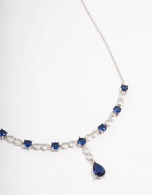 Silver Sapphire Stone Drop Necklace