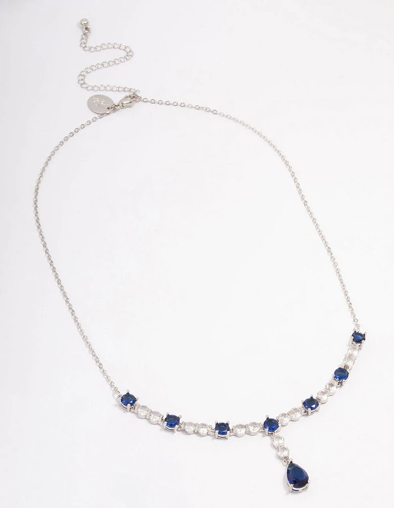 Rhodium Sapphire Stone Drop Necklace