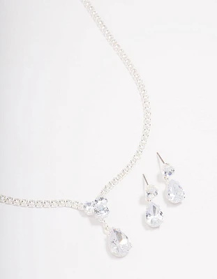 Silver Solitaire Necklace & Earring Jewellery Set