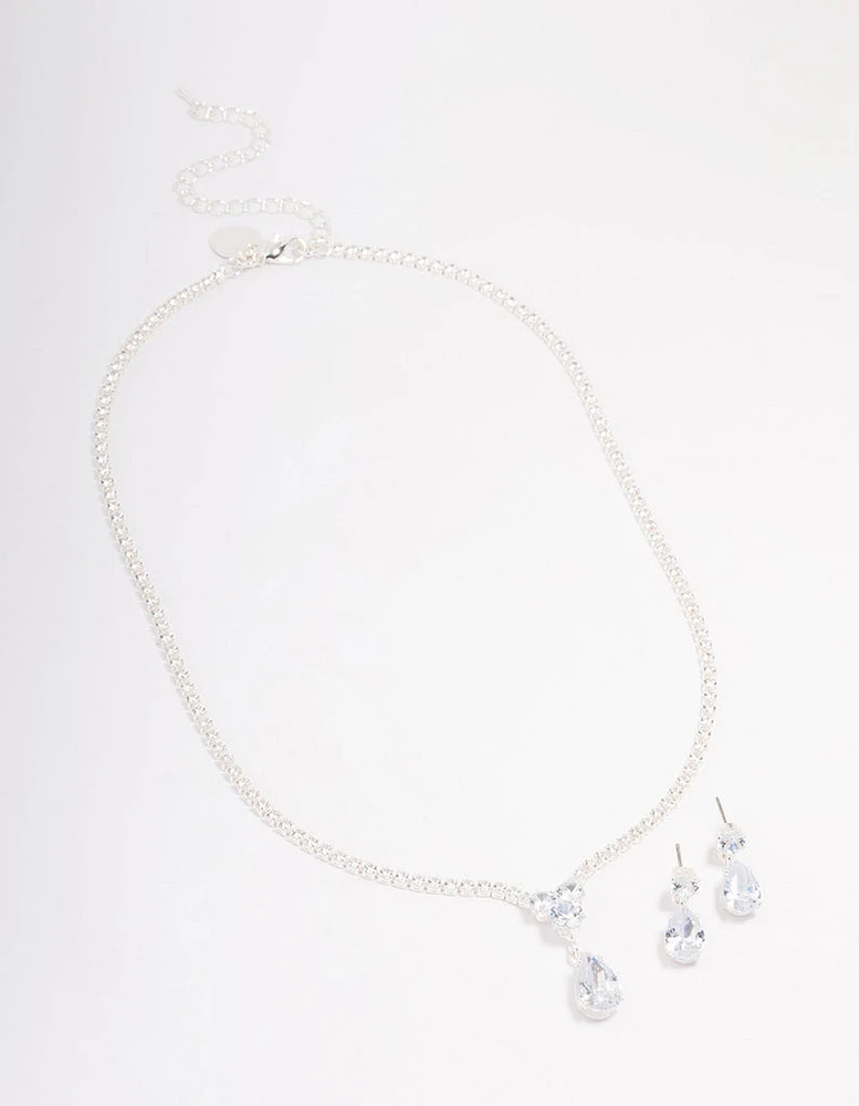 Silver Solitaire Necklace & Earring Jewellery Set