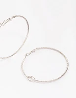 Rhodium Textural Oval Cubic Zirconia Hoop Earrings