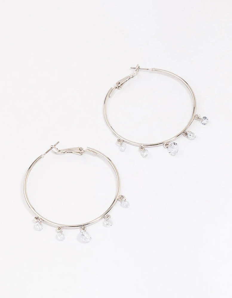 Rhodium Cubic Zirconia Dangle Hoop Earrings