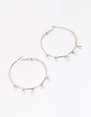 Rhodium Cubic Zirconia Dangle Hoop Earrings