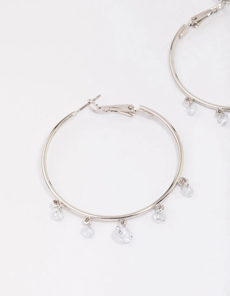 Rhodium Cubic Zirconia Dangle Hoop Earrings