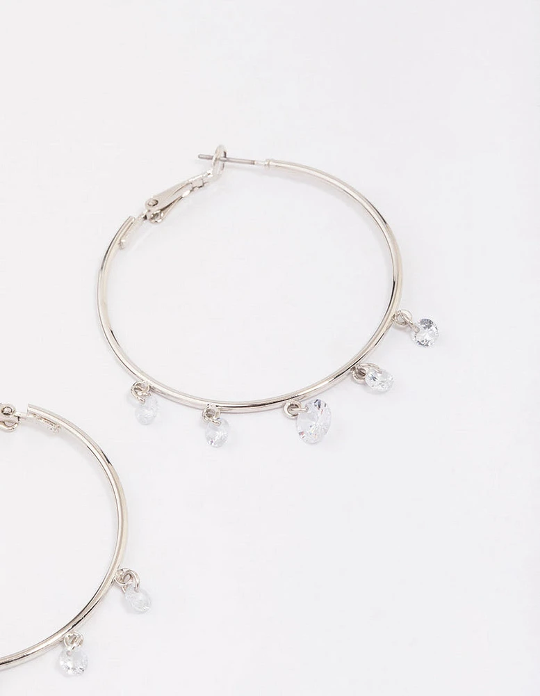 Rhodium Cubic Zirconia Dangle Hoop Earrings