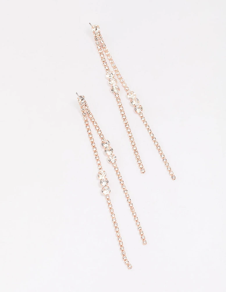 Rose Gold Diamante Trio Cluster Drop Earrings