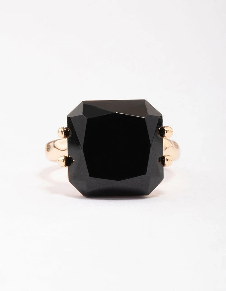 Gold Emerald-Cut Black Stone Ring