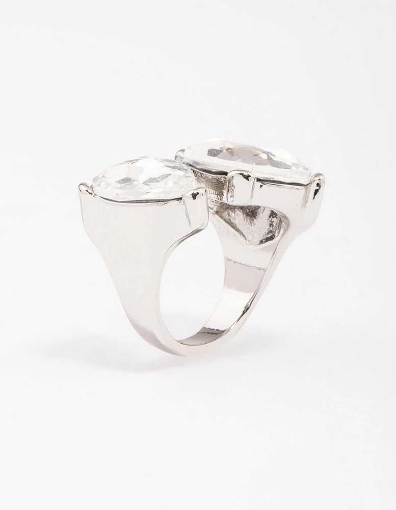 Rhodium Double Pear Crystal Ring