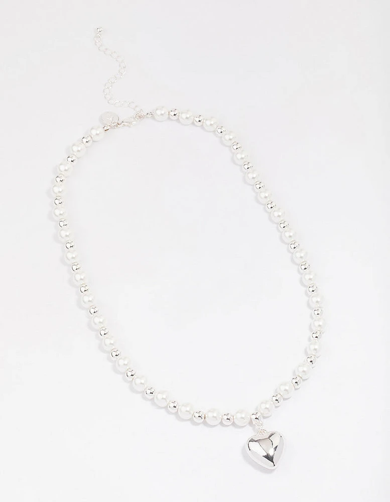 Silver Pearl Heart Chain Necklace