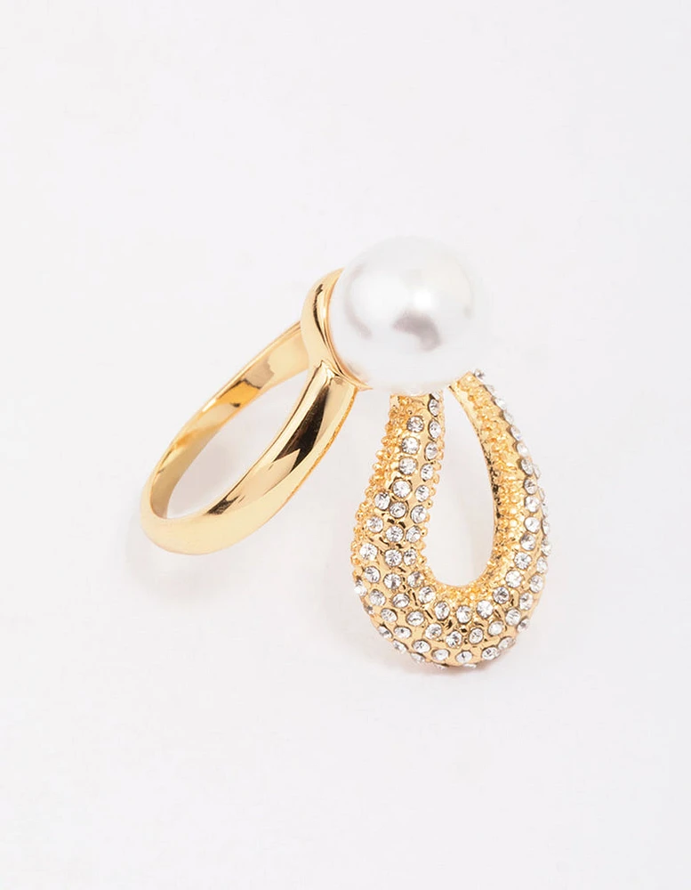 Gold Plated Pave Pearl Cocktail Ring