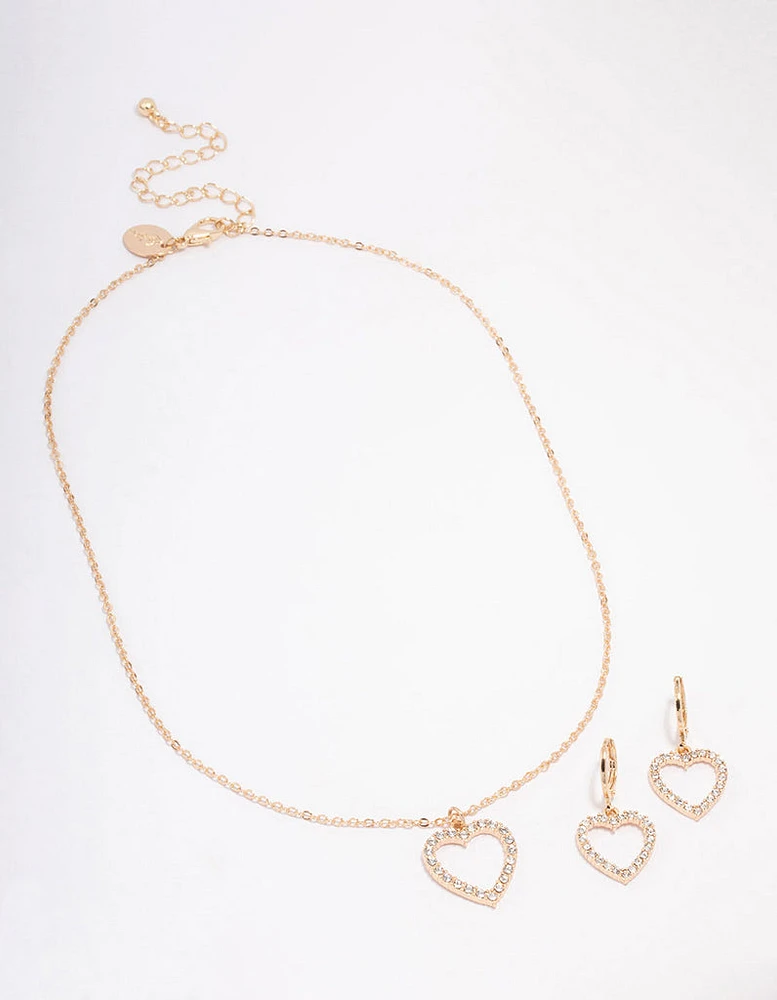 Gold Diamante Heart Necklace & Earring Jewellery Set