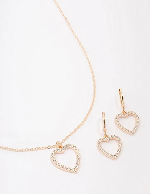 Gold Diamante Heart Necklace & Earring Jewellery Set