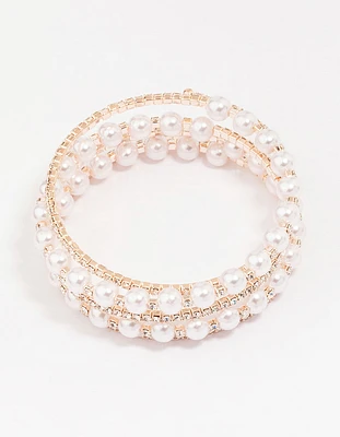 Rose Gold Pearl & Diamante Wrapped Bracelet