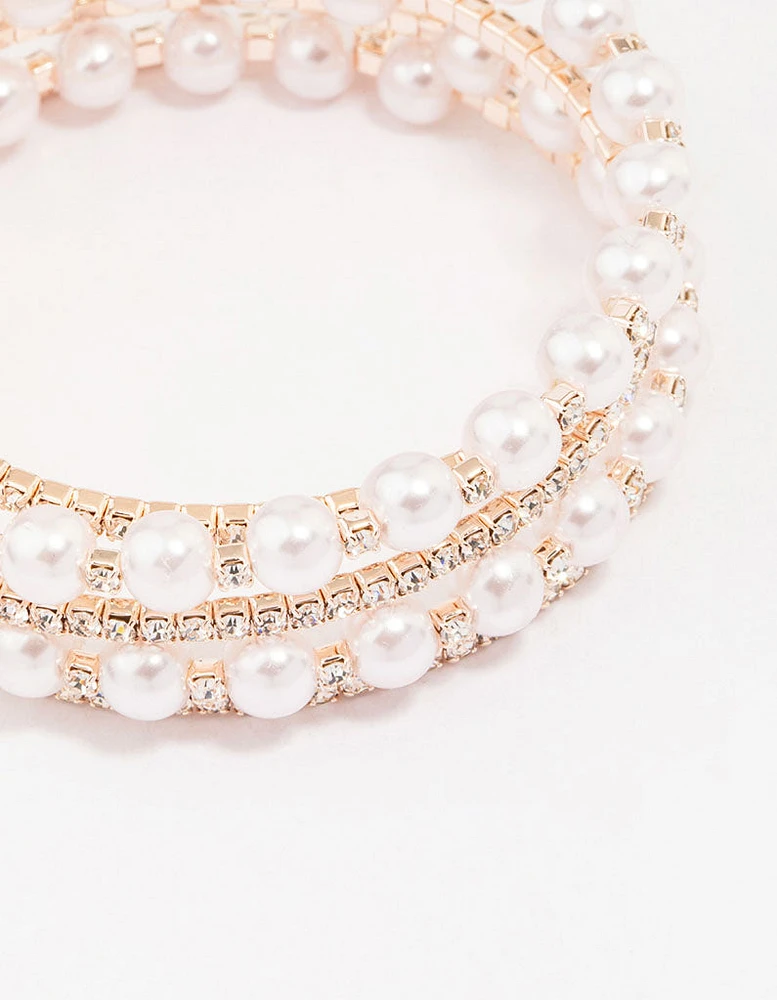 Rose Gold Pearl & Diamante Wrapped Bracelet