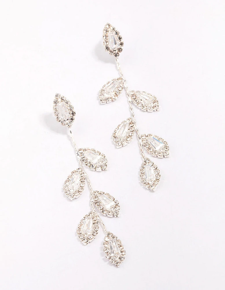 Silver Diamante Leaf Drop Earrings