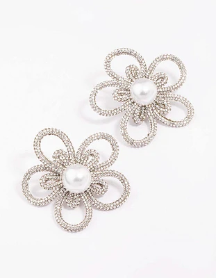 Silver Diamante & Pearl Flower Statement Stud Earrings