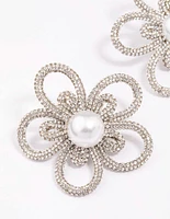 Silver Diamante & Pearl Flower Statement Stud Earrings