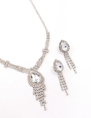 Silver Vintage Diamante Drop Jewellery Set