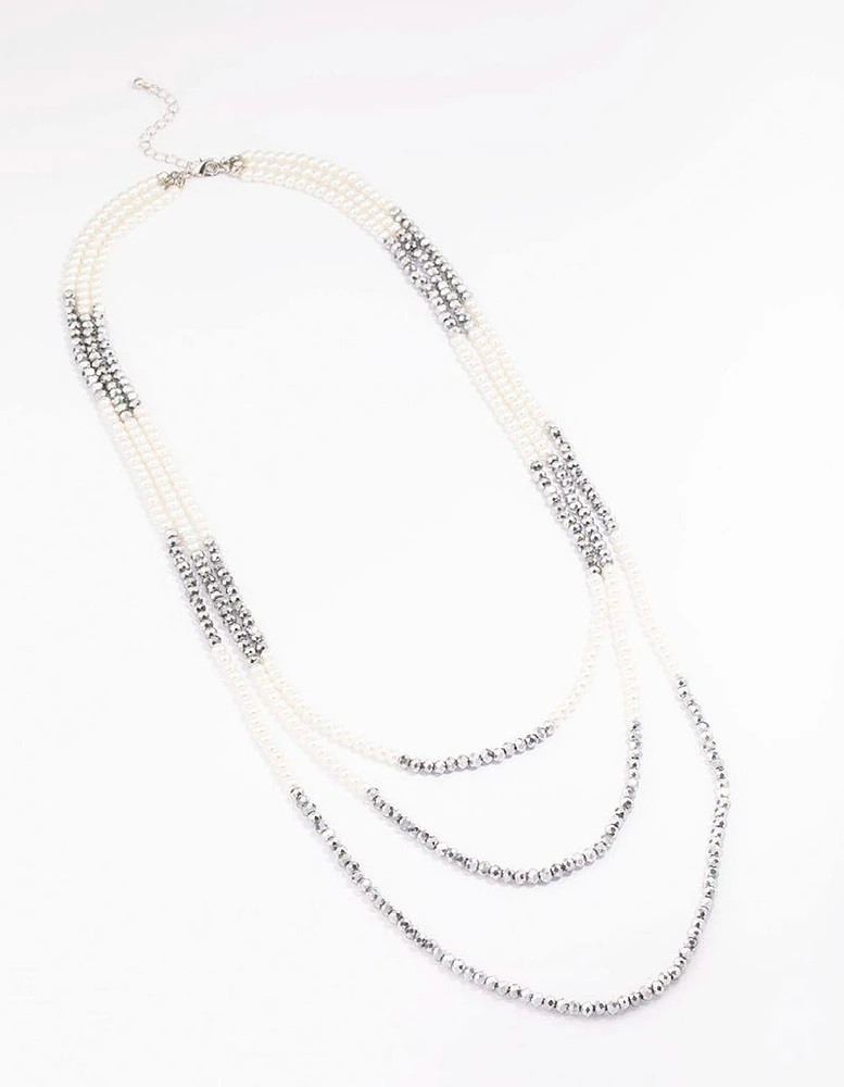 Silver Pearl Facet Layered Necklace