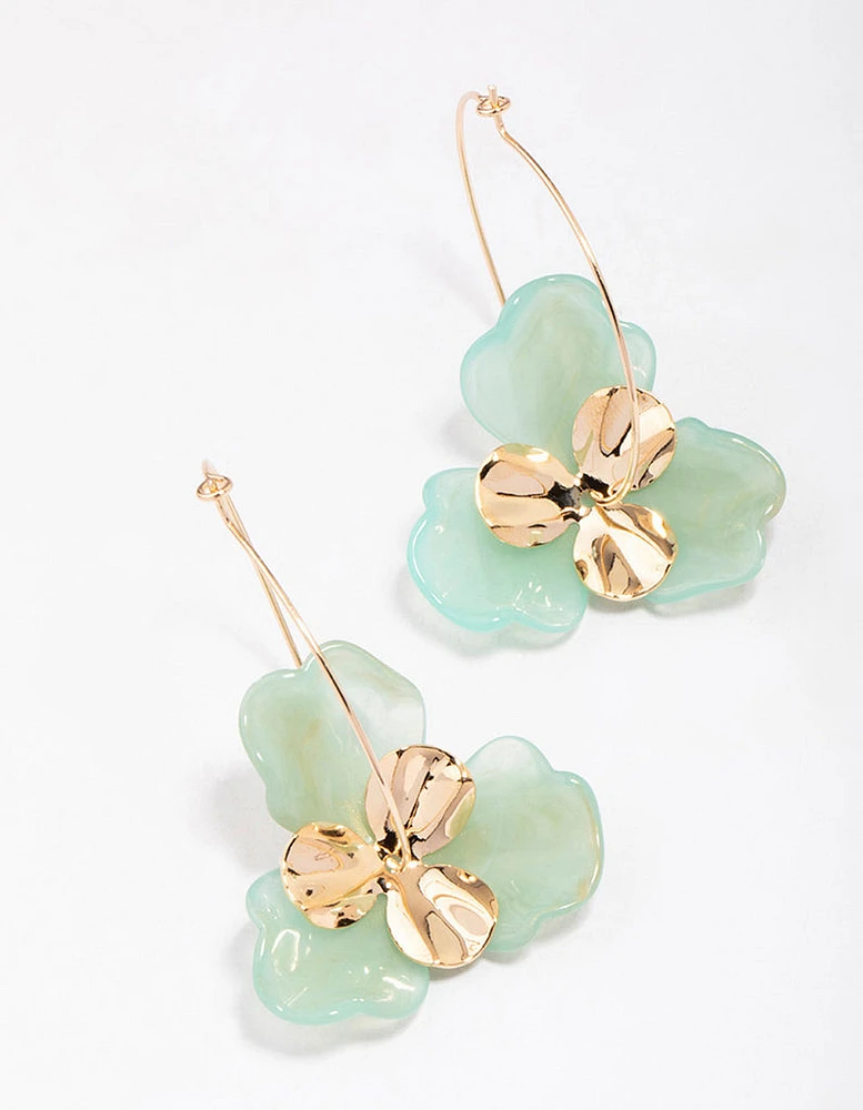 Gold & Green Large Flower Wire Hoop Earrings