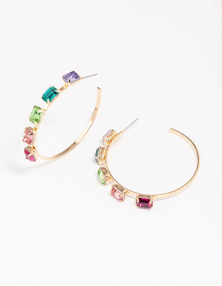 Gold Rainbow Cluster Diamante Hoop Earrings