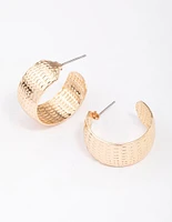 Gold Stippled Wide Huggie Hoop Earrings