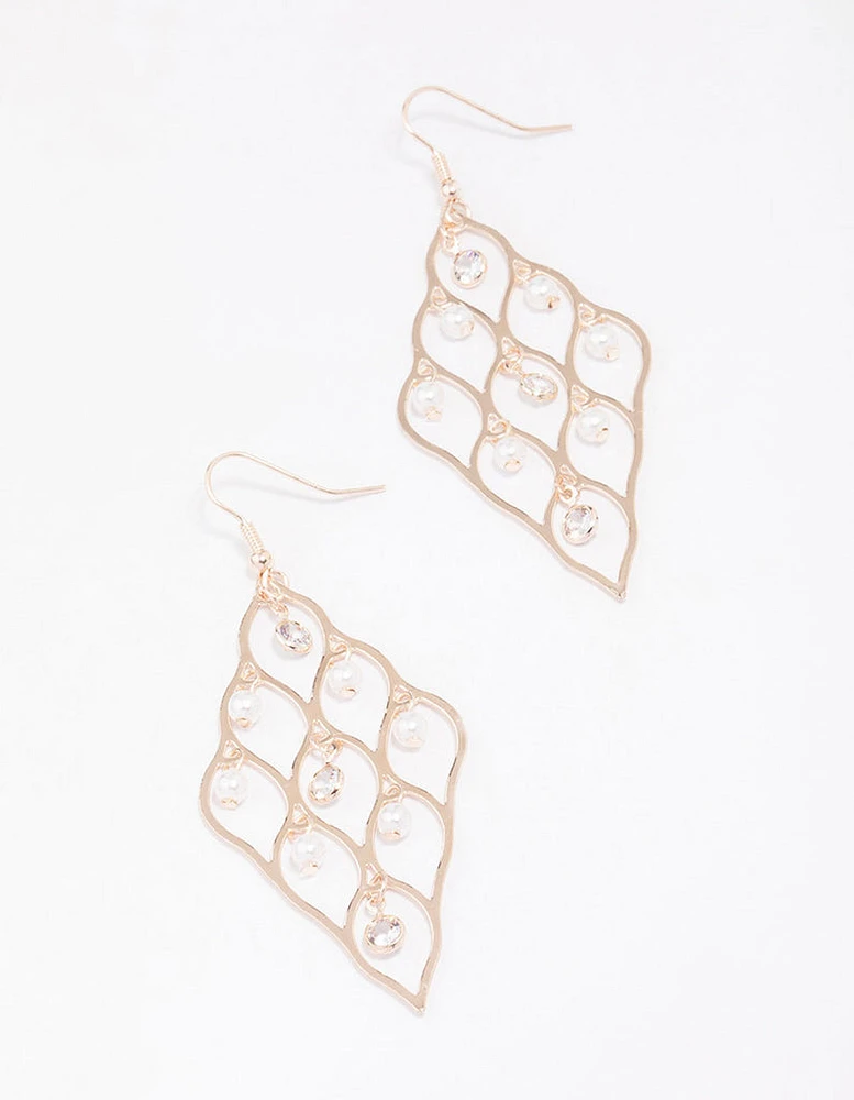 Rose Gold Diamond Cut Out Pearl Drop Earrings